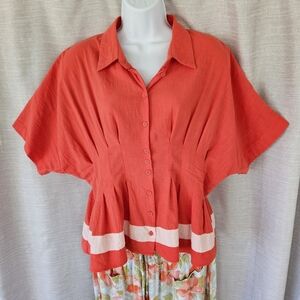 Women's UMGEE Coral Button-Up Peplum 100% Cotton Top